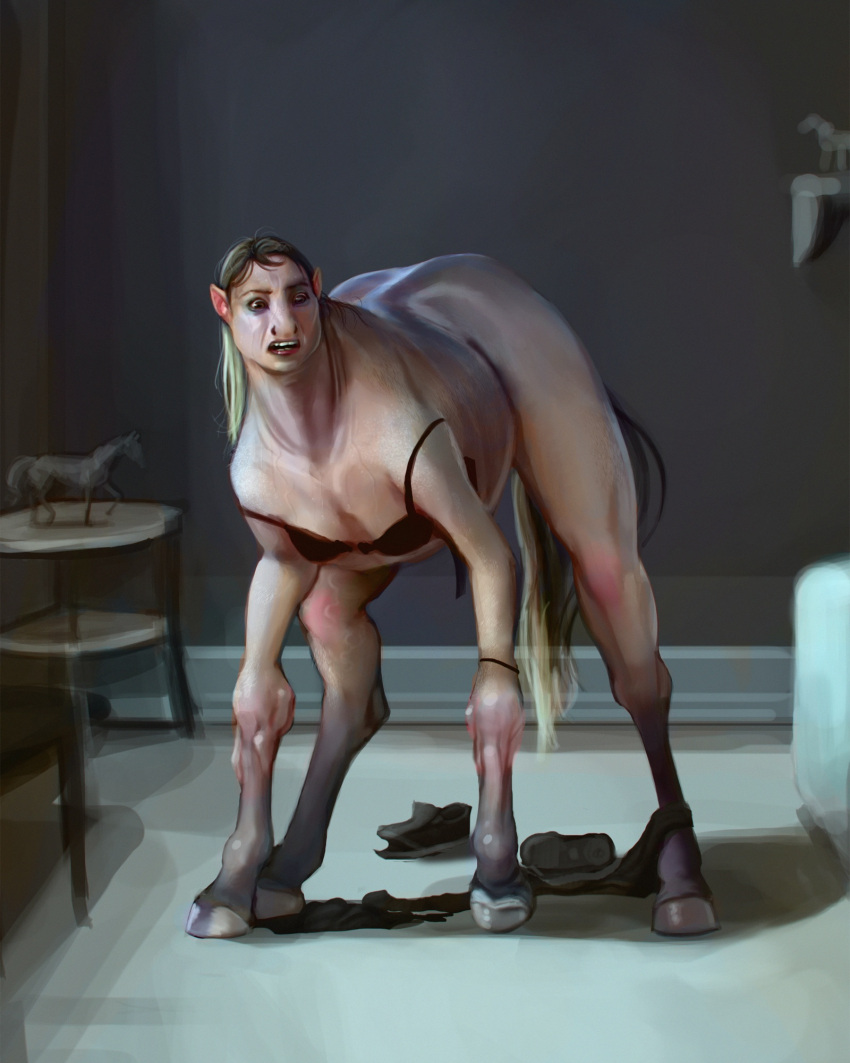 2018 4:5 bra clothing equid equine female footwear hair hi_res hooves horse human inside liminalbean looking_down mammal mid_transformation open_mouth shoes solo species_transformation surprise torn_clothing transformation underwear