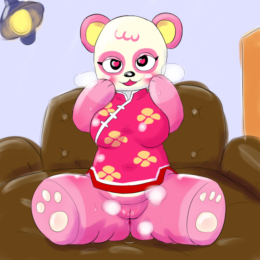 &lt;3 &lt;3_eyes 1:1 animal_crossing anthro anus armchair blush bodily_fluids breasts chair charming chubby_female clothed clothing female furniture genital_fluids genitals giant_panda hi_res lamp mammal nintendo partially_clothed paws pink_body pink_clothing pinky_(animal_crossing) presenting presenting_pussy pussy pussy_juice slightly_chubby sofa solo thick_thighs ursid video_games zokoira