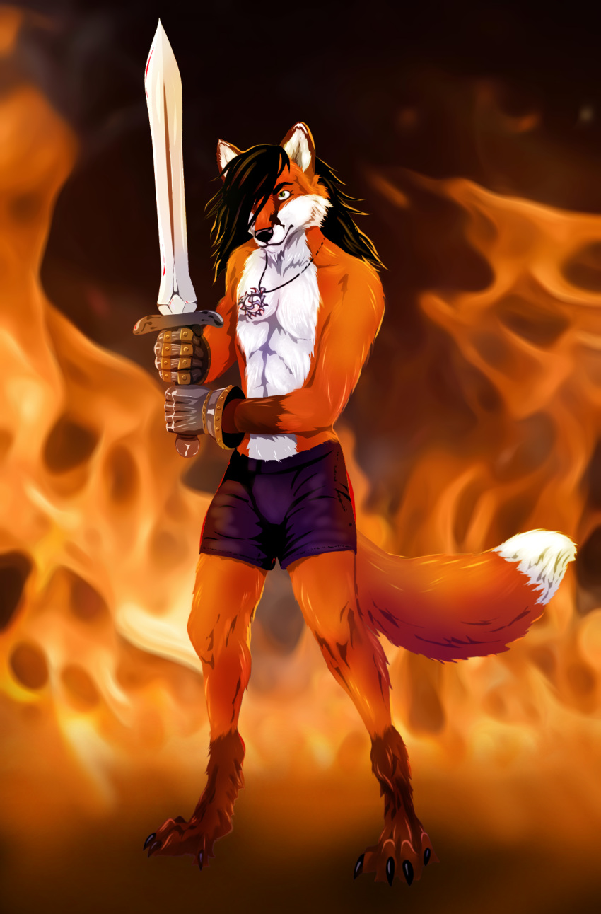 anthro canid canine fire fox gladiator hi_res iron male mammal melee_weapon red_fox rusudan_almazova_(artist) solo sword talisman tayrush_(character) warrior weapon