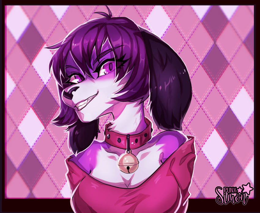 absurd_res anthro bell bloot_(bloot) border breasts canid canine canis collar domestic_dog female fur hair hi_res icon looking_at_viewer mammal multicolored_body multicolored_fur punxsimon purple_border purple_eyes purple_hair smile solo two_tone_body two_tone_fur