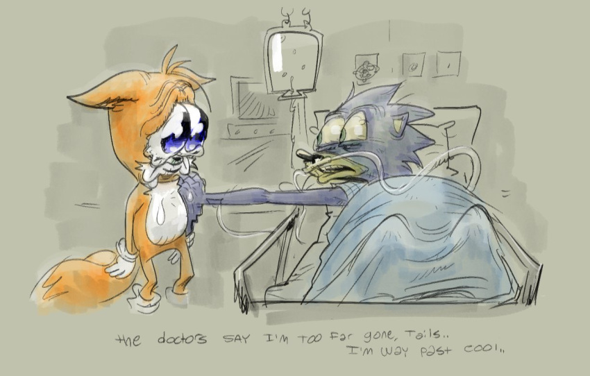 2021 2_tails anthro bed blue_eyes bodily_fluids canid canine crying dark_humor dialogue digital_media_(artwork) duo english_text eulipotyphlan fox frown furniture green_eyes hedgehog hospital_bed humor life_support male mammal miles_prower multi_tail phillip-banks sega sonic_the_hedgehog sonic_the_hedgehog_(series) tears text