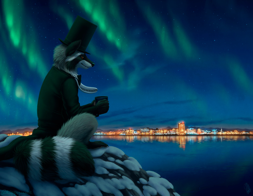 2021 anthro aurora_borealis barefoot biped black_nose black_tie_(suit) bottomless city cityscape claws clothed clothing cloud container crouching cup cute_fangs detailed_background digital_media_(artwork) facial_markings feet fluffy fluffy_tail full-length_portrait fur glistening grey_body grey_fur hat head_markings headgear headwear holding_cup holding_object kippycube lake lights male mammal markings mask_(marking) mountain night outside plantigrade portrait prick_ears procyonid raccoon reflection ring_(marking) ringtail side_view signature sitting sky smile snow solo star starry_sky striped_markings striped_tail stripes suit tail_markings tilton toe_claws top_hat water water_reflection winter