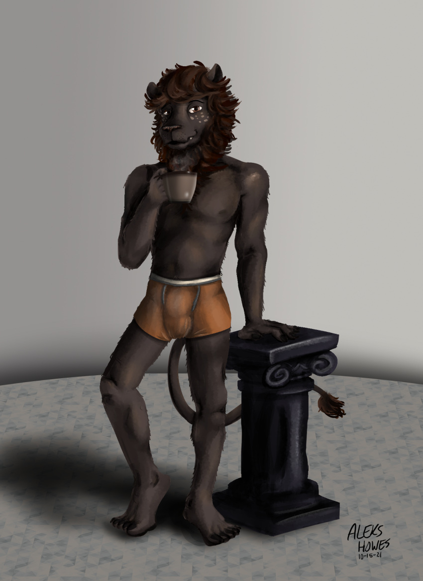 agata_(beastars) aleks_howes anthro balls_outline beastars boxers_(clothing) boxers_only brown_body brown_fur brown_mane clawed_fingers clawed_toes clothing container cup fangs felid fur genital_outline hi_res holding_cup holding_object leaning_on_object lion looking_at_viewer male mammal mane navel nipples pantherine pillar sheath_outline simple_background solo underwear