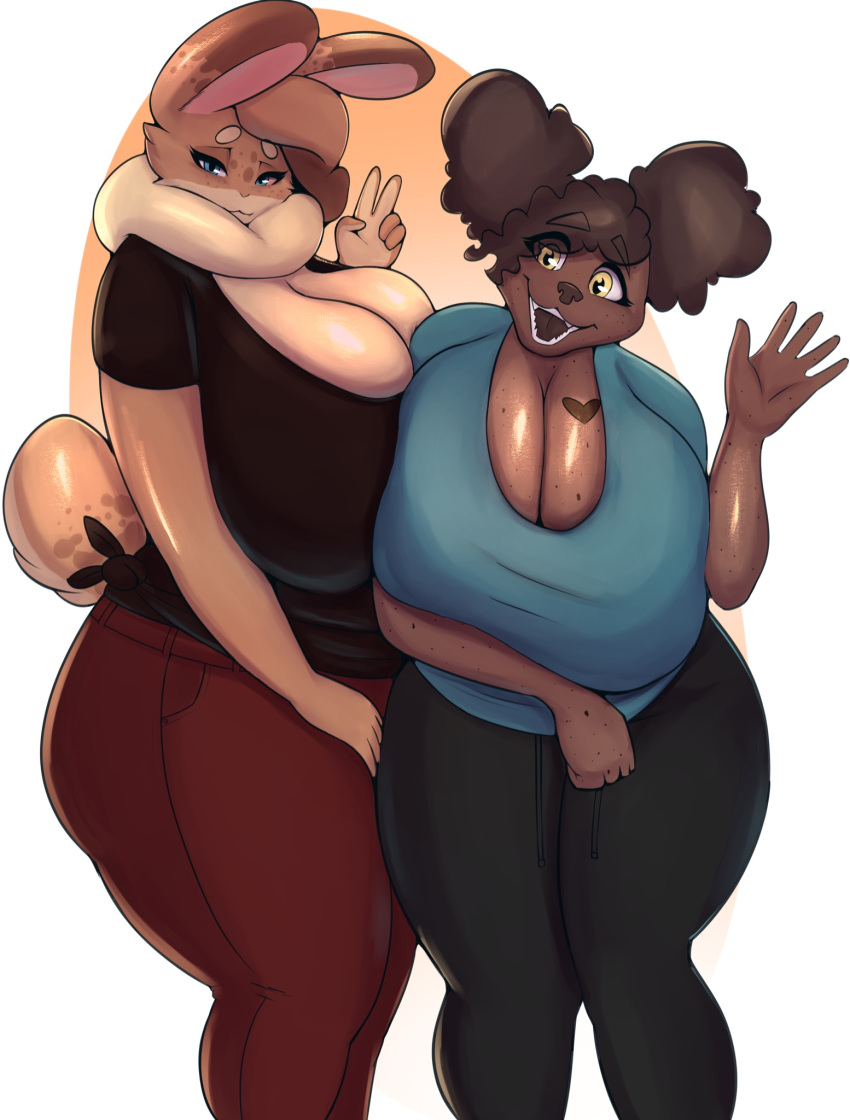 2021 anthro big_breasts blazethefox blue_eyes bottomwear breast_squish breasts brown_body brown_fur canid canine canis cleavage clothed clothing collaboration dal_(blazethefox) dewlap_(anatomy) dipstick_ears domestic_dog duo fangs female fur gesture hazel_(shakotanbunny) heart_marking hi_res huge_breasts lagomorph leporid looking_at_viewer mammal mature_female multicolored_ears open_mouth open_smile pants rabbit shakotanbunny shirt smile spots spotted_body spotted_fur squish standing sweatpants t-shirt tan_body tan_fur thick_thighs topwear v_sign wave wide_hips yellow_eyes