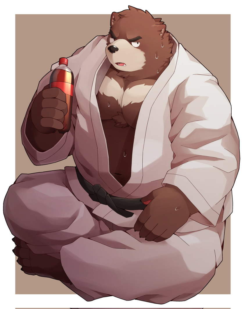 2021 anthro bodily_fluids brown_body hi_res humanoid_hands juuichi_mikazuki keikogi kemono male mammal martial_arts_uniform morenatsu navel overweight overweight_male park_kr sitting solo sportswear sweat ursid video_games visual_novel