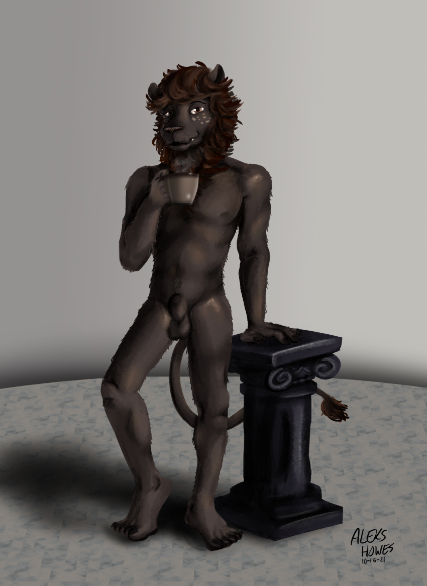 agata_(beastars) aleks_howes animal_genitalia anthro balls beastars brown_body brown_fur brown_mane clawed_feet clawed_fingers container cup fangs felid fur genitals hi_res holding_cup holding_object leaning_on_object lion male mammal mane nude pantherine pillar pose sheath simple_background solo tasteful_nudity