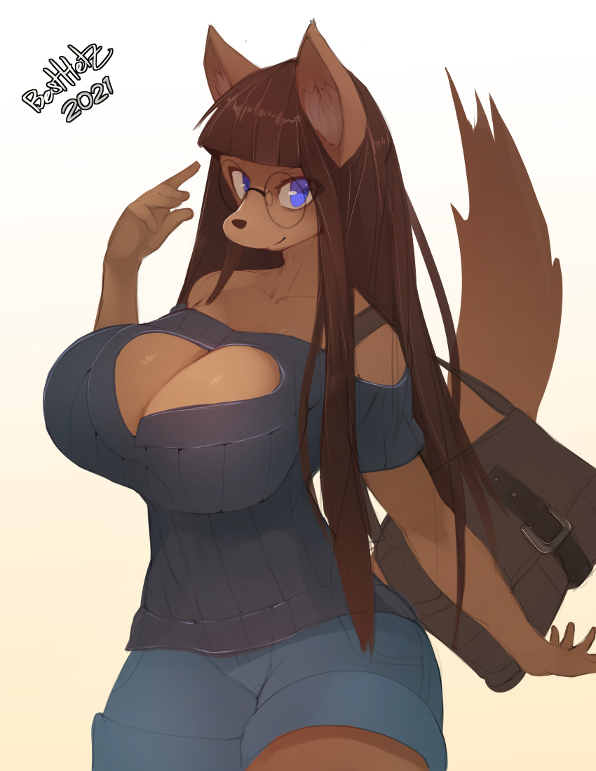 2021 absurd_res anthro besthetz big_breasts blue_eyes breasts brown_body brown_fur brown_hair canid canine cleavage clothed clothing eyewear female fur glasses hair hi_res mammal simple_background solo white_background