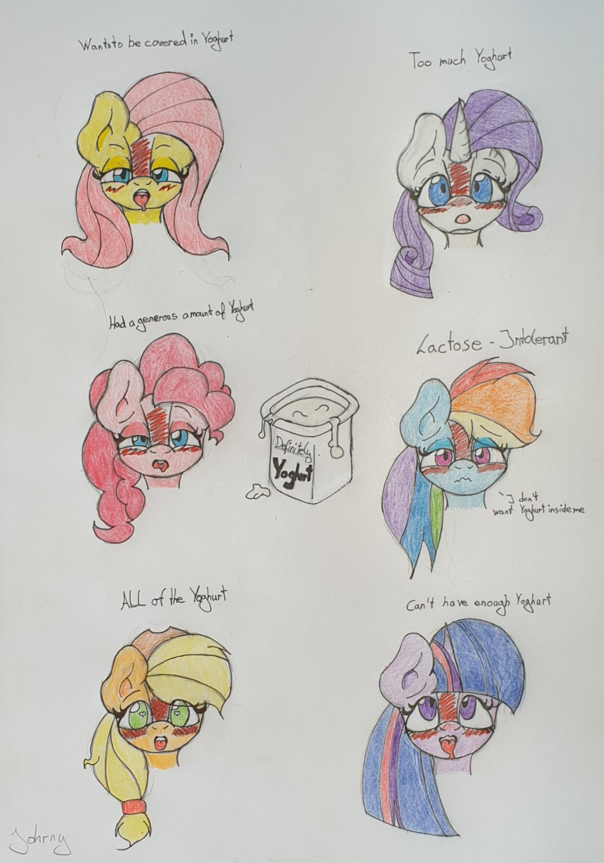 absurd_res ahegao applejack_(mlp) blonde_hair blue_body blue_eyes blue_fur blush clothing cowboy cowboy_hat dairy_products earth_pony english_text equid equine female feral fluttershy_(mlp) food friendship_is_magic fur green_eyes hair hasbro hat headgear headwear hi_res horn horse humor implied_cum johrnyreport looking_at_viewer looking_pleasured mammal multicolored_hair my_little_pony open_mouth orange_body pegasus pink_body pink_hair pinkie_pie_(mlp) pony purple_body purple_eyes purple_fur purple_hair rainbow_dash_(mlp) rainbow_hair rarity_(mlp) scared shocked simple_background smile text tongue tongue_out twilight_sparkle_(mlp) unicorn white_body wings yogurt