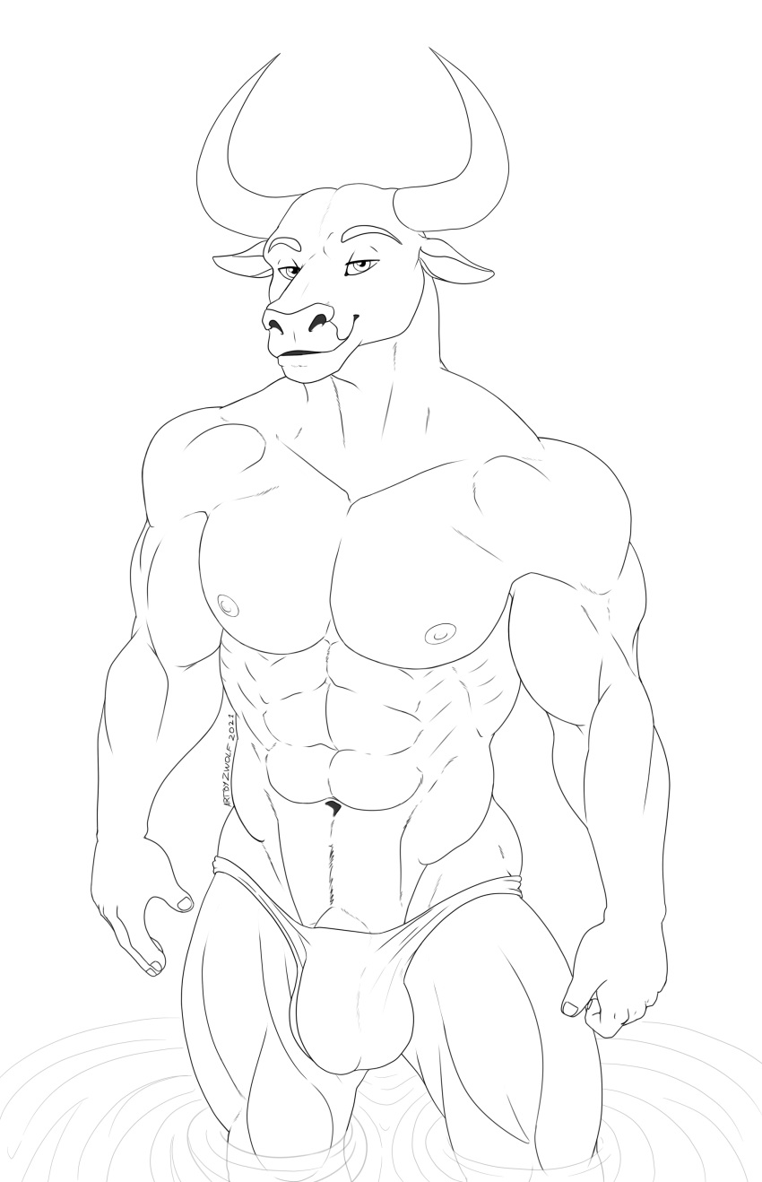 abs absurd_res anthro bovid bovine bulge hi_res horn humanoid male mammal monochrome muscular nipples pecs smile solo water zwolf