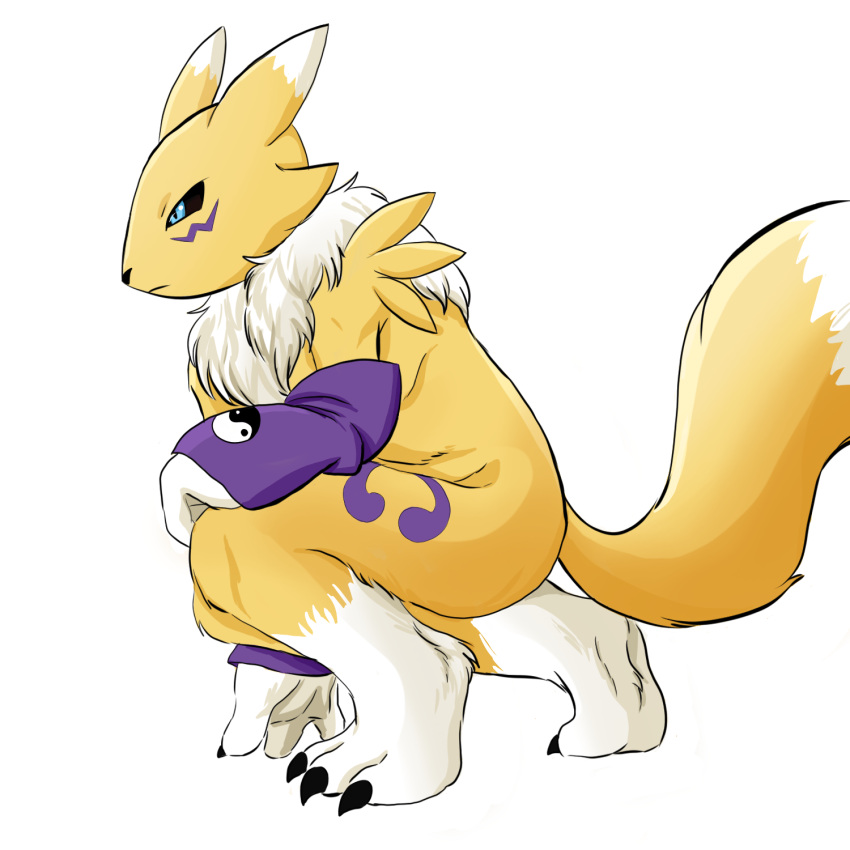 1:1 ambiguous_gender anthro armwear bandai_namco black_sclera blue_eyes bridal_gauntlets clothing crouching digimon digimon_(species) dipstick_tail fur hi_res leg_markings markings omnii34 renamon side_view simple_background socks_(marking) solo tail_markings white_background white_body white_fur yellow_body yellow_fur yin_yang