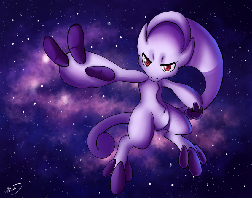 ambiguous_gender arm_out cosmic_background detailed_background floating hi_res legendary_pok&eacute;mon mega_evolution mega_mewtwo mega_mewtwo_y nintendo omnii34 pok&eacute;mon pok&eacute;mon_(species) purple_body purple_skin red_eyes space space_background video_games