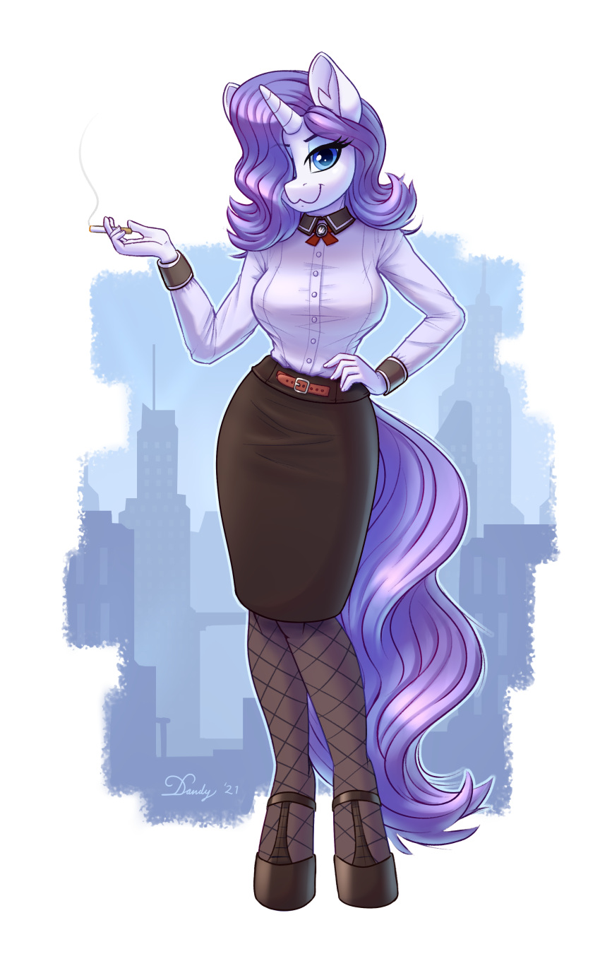 2021 absurd_res anthro anthrofied bioshock bioshock_infinite bottomwear breasts clothed clothing dandy_(artist) elizabeth_(bioshock_infinite) equid equine friendship_is_magic hair hair_over_eye hand_on_hip hasbro hi_res horn looking_at_viewer mammal my_little_pony one_eye_obstructed purple_hair rarity_(mlp) skirt solo standing unicorn video_games
