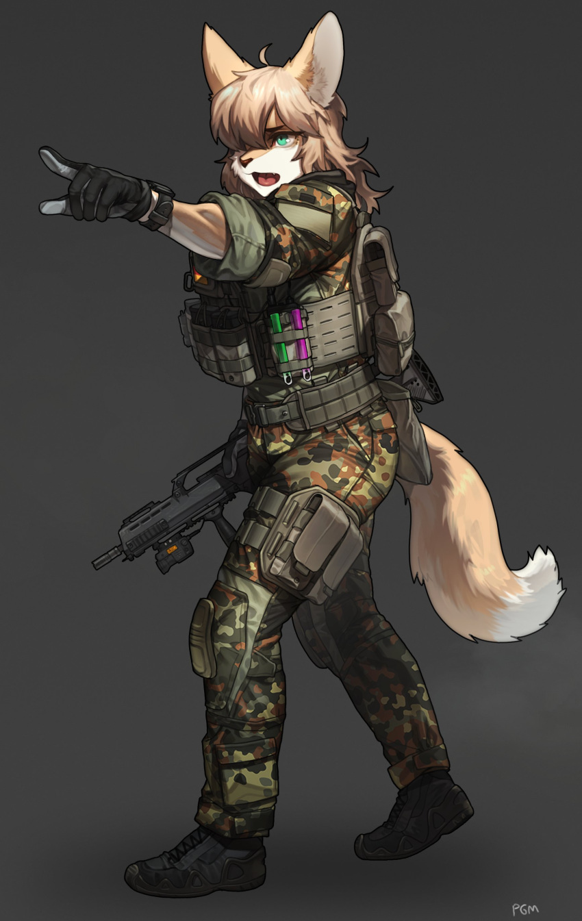 2021 absurd_res anthro assault_rifle boots bulletproof_vest camo canid canine clothing digital_media_(artwork) dipstick_tail eyebrows eyelashes female footwear fox fur g36 g36k german_flag gesture gun hair hair_over_eye hi_res inner_ear_fluff long_hair mammal markings one_eye_obstructed pgm300 pointing ranged_weapon rifle shaded solo tail_markings tan_body tan_fur tan_hair teal_eyes tongue tuft uniform weapon