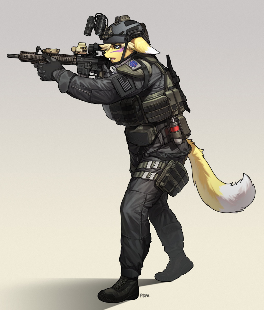 2021 absurd_res anthro ar-15 armor assault_rifle bandai_namco boots bulletproof_vest clothing digimon digimon_(species) digital_media_(artwork) dipstick_ears dipstick_tail footwear fur gloves gun handwear headgear helmet hi_res male markings multicolored_ears open_mouth pgm300 ranged_weapon renamon rifle shaded solo tactical tail_markings weapon white_body white_fur yellow_body yellow_fur