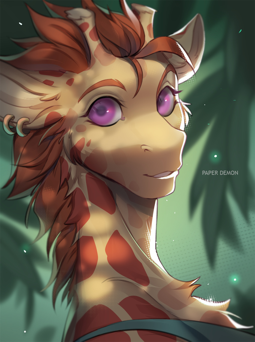 anthro artist_name brown_hair bust_portrait detailed_background digital_media_(artwork) ear_piercing ear_ring female foilage giraffe giraffid glistening glistening_eyes hair hi_res legend_of_ahya long_neck looking_at_viewer mammal marle_talbender_(darkflamewolf) nature nature_background neck_tuft orange_spots outside paper_demon piercing plant portrait purple_eyes shaded soft_shading solo spots spotted_body tuft yellow_body yellow_ears