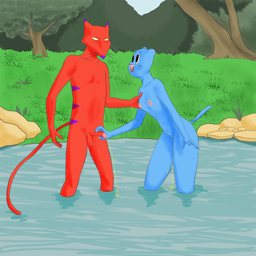 1:1 absurd_res anthro artnoke balls blue_body blue_fur bodily_fluids breast_grab breasts cartoon_network courage_the_cowardly_dog crossover domestic_cat duo felid feline felis female foreskin fur genital_fluids genitals glans hand_on_breast hi_res humanoid_genitalia humanoid_penis katz_(courage_the_cowardly_dog) lake male male/female mammal navel nicole_watterson nipples nude open_mouth outside peeing peeing_together penis penis_grab pink_glans pink_nipples public public_nudity public_urination purple_body purple_nose purple_stripes red_balls red_body red_fur red_penis stripes the_amazing_world_of_gumball urine urine_stream watersports