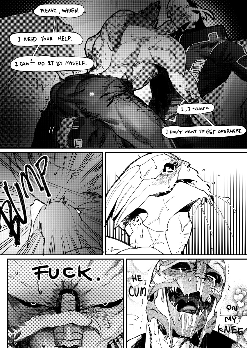 absurd_res ahegao alien big_muscles black_sclera bodily_fluids bottomwear bulge bulge_rubbing butt clothed clothed_sex clothing comic cum cum_in_clothing dialogue dithering dry_humping duo english_text finger_on_face first_person_view frottage genital_fluids head_on_hand hi_res kaan_rawy looking_at_another looking_at_partner looking_at_viewer looking_pleasured male male/male mass_effect monochrome multiple_images muscular muscular_male nihlus_kryik open_mouth orgasm orgasm_face pants rubbing_crotch saliva saren_arterius sex shirt sitting sweat tears tears_of_pleasure text tongue topless topwear turian uvula video_games