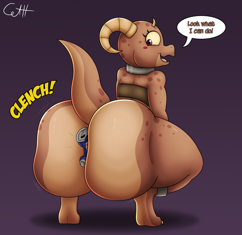absurd_res anthro barefoot beverage_can big_butt brown_eyes butt butt_focus collar crouching dialogue digital_media_(artwork) feet female hi_res horn huge_butt kobold looking_back pepsi piko_(simplifypm) reptile scalie short_stack skunkdude13 smile solo talking_to_viewer thick_thighs