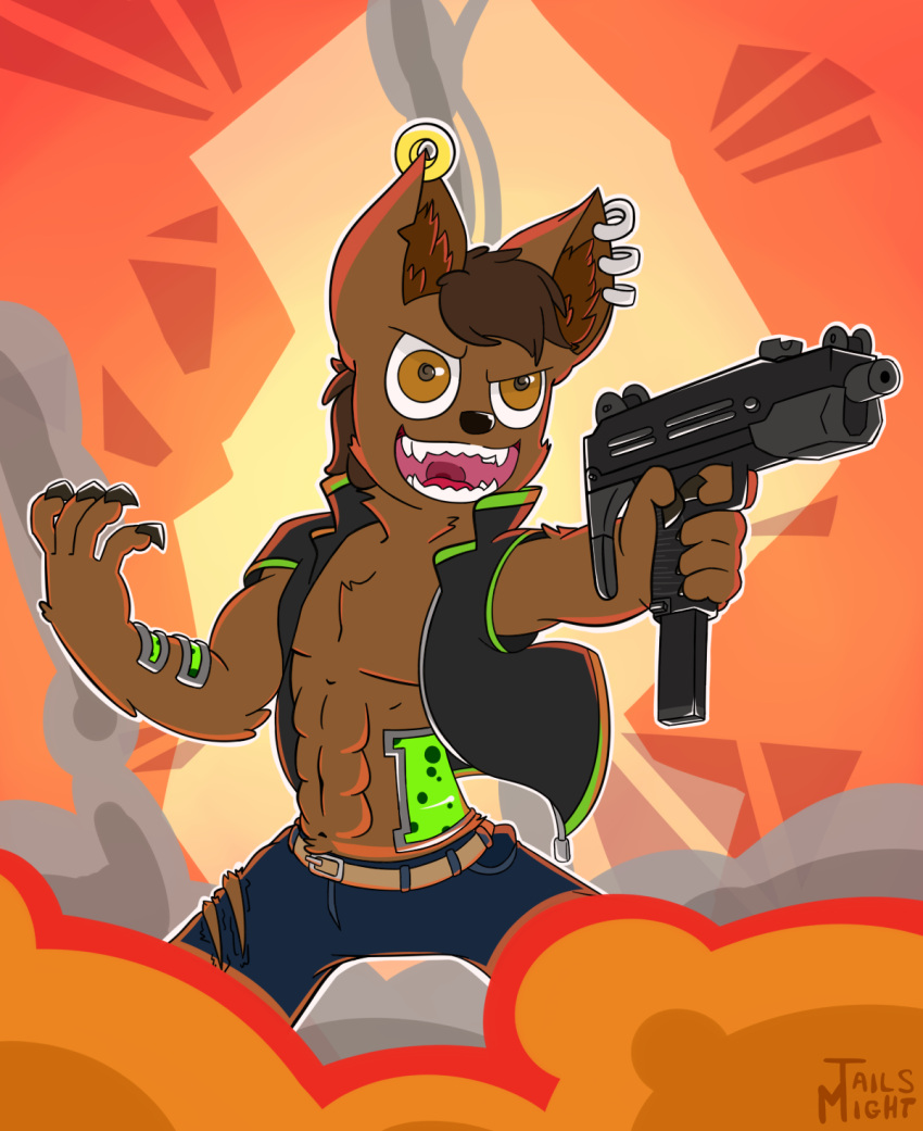 brown_body brown_eyes brown_fur canid canine claws clothed clothing ear_piercing ear_ring explosion explosives fur gun hair hi_res holding_object holding_weapon hyaenid hybrid male mammal piercing ranged_weapon smile solo submachine_gun tailsmight technology tongue tony_(disambiguation) tusks uzi weapon