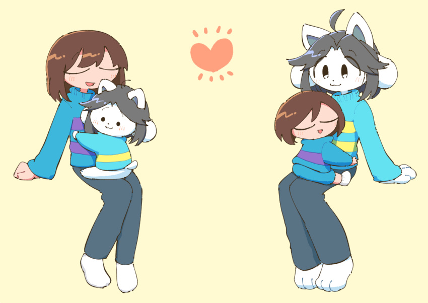 4_ears anthro barefoot black_eyes blush brown_hair canid canine clothed clothing eye_through_hair eyebrow_through_hair eyebrows feet felid feline footwear fur grey_hair hair human mammal multi_ear open_mouth pattern_clothing paws protagonist_(undertale) simple_background smile socks striped_clothing stripes tampo_desu tem temmie_(undertale) topwear translucent translucent_hair undertale undertale_(series) video_games white_body white_fur
