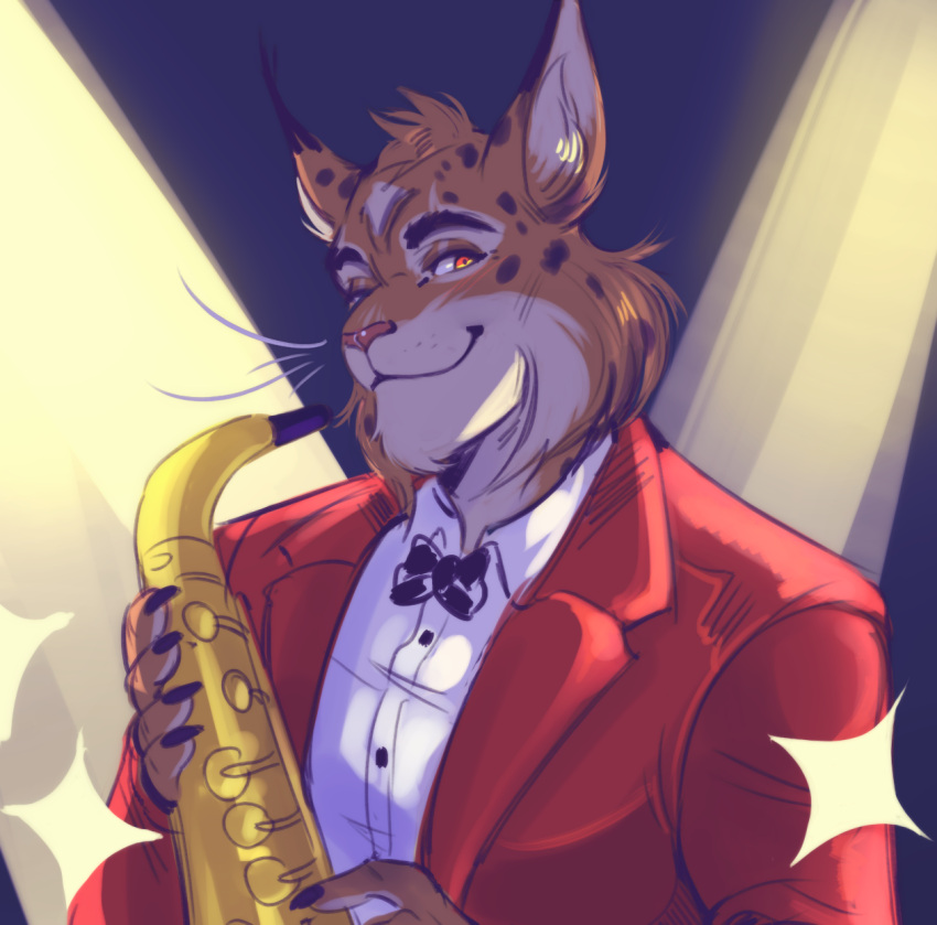 anthro biped blacksad blush bow_tie brown_body brown_fur claws clothed clothing dress_shirt felid feline finger_claws fur hi_res holding_musical_instrument holding_object joe_dunn lynx male mammal musical_instrument red_clothing red_topwear saxophone shirt smile solo spots spotted_body spotted_fur suit topwear vhkansfweer whiskers white_clothing white_shirt white_topwear wind_instrument woodwind_instrument