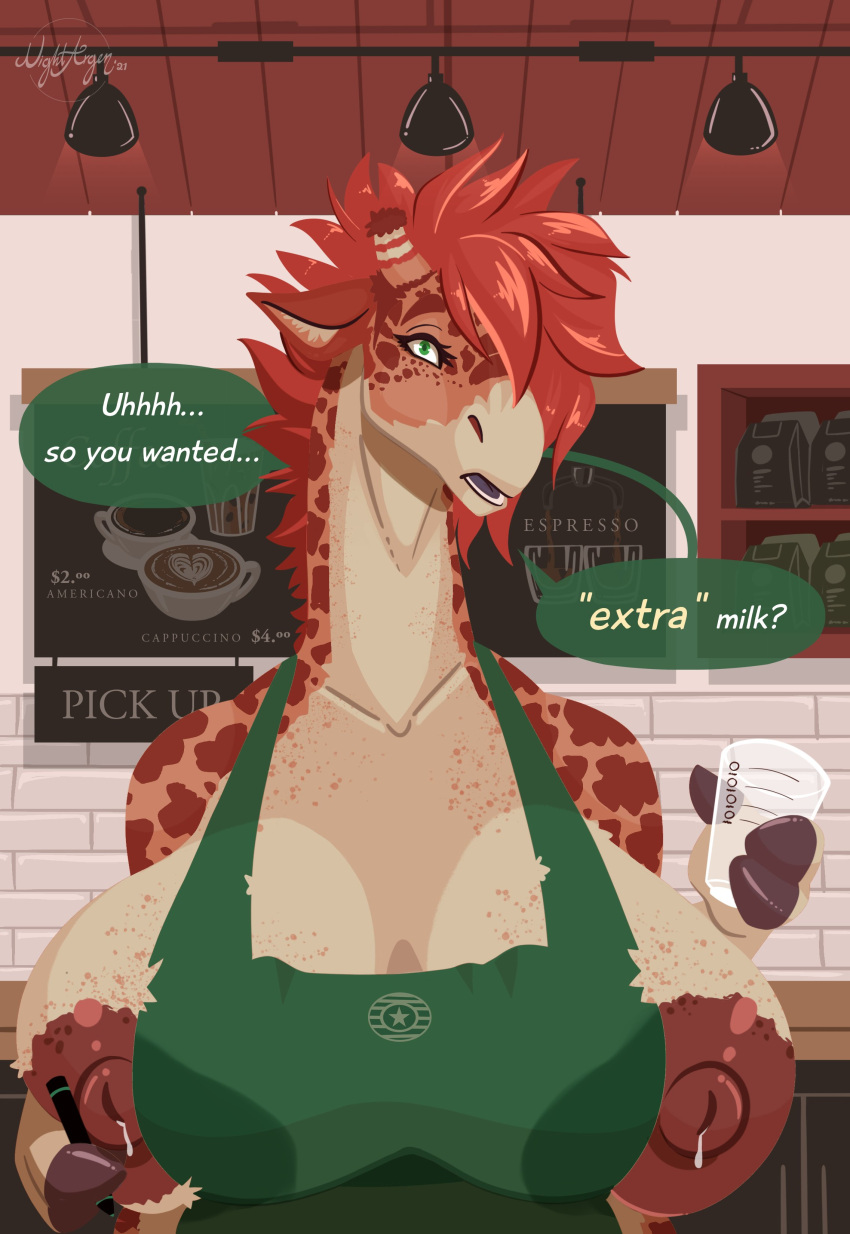 $ 2021 absurd_res annais_gingerman_(cpt.maverick) anthro apron apron_only areola bar big_breasts biped bodily_fluids breasts brown_areola clothing currency_symbol english_text female giraffe giraffid green_apron green_eyes hair hi_res holding_glass holding_object holding_pen huge_breasts i_mean_breast_milk inside lactating mammal meme milk mostly_nude nightargen nipples one_eye_obstructed pen red_hair signature solo speech_bubble symbol text year