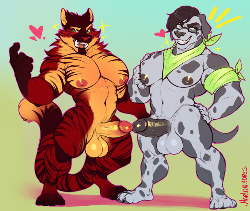 &lt;3 absurd_res anthro balls bandanna big_pecs black_hair canid canine canis dalmatian domestic_dog duo erection eyewear felid fur genitals glasses green_eyes grey_body hair hi_res kerchief male mammal marlon.cores muscular muscular_anthro muscular_male navel nipples nude pantherine pecs penis red_body red_fur spots spotted_body spotted_fur standing striped_body striped_fur stripes tiger