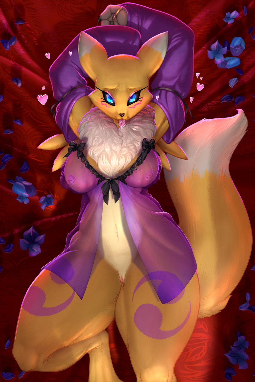 &lt;3 anthro babydoll bandai_namco big_breasts bodily_fluids bottomless breasts clothed clothing curvy_figure digimon digimon_(species) drooling female fur genitals hi_res longinius nightgown nipples pussy renamon saliva solo thick_thighs tongue tongue_out vest_(artist) voluptuous wide_hips yellow_body yellow_fur