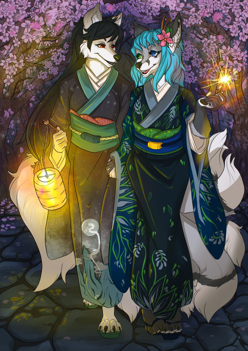 absurd_res aleu_moonshadow anthro asian_clothing canid canine cherry_blossom cherry_blossom_tree cherry_tree clothing east_asian_clothing fang56 fireworks fox fruit_tree heterochromia hi_res japanese_clothing kimono mammal multi_tail nikorokumitsero plant tree