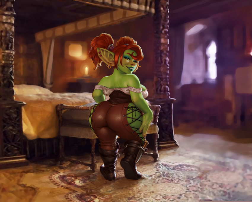 bedroom_eyes big_butt big_ears breasts butt clothed clothing female goblin green_body hair humanoid humanoid_pointy_ears joixxx makeup narrowed_eyes not_furry pigtails rear_view red_hair seductive short_stack side_boob skimpy solo thick_thighs thigh_window wide_hips