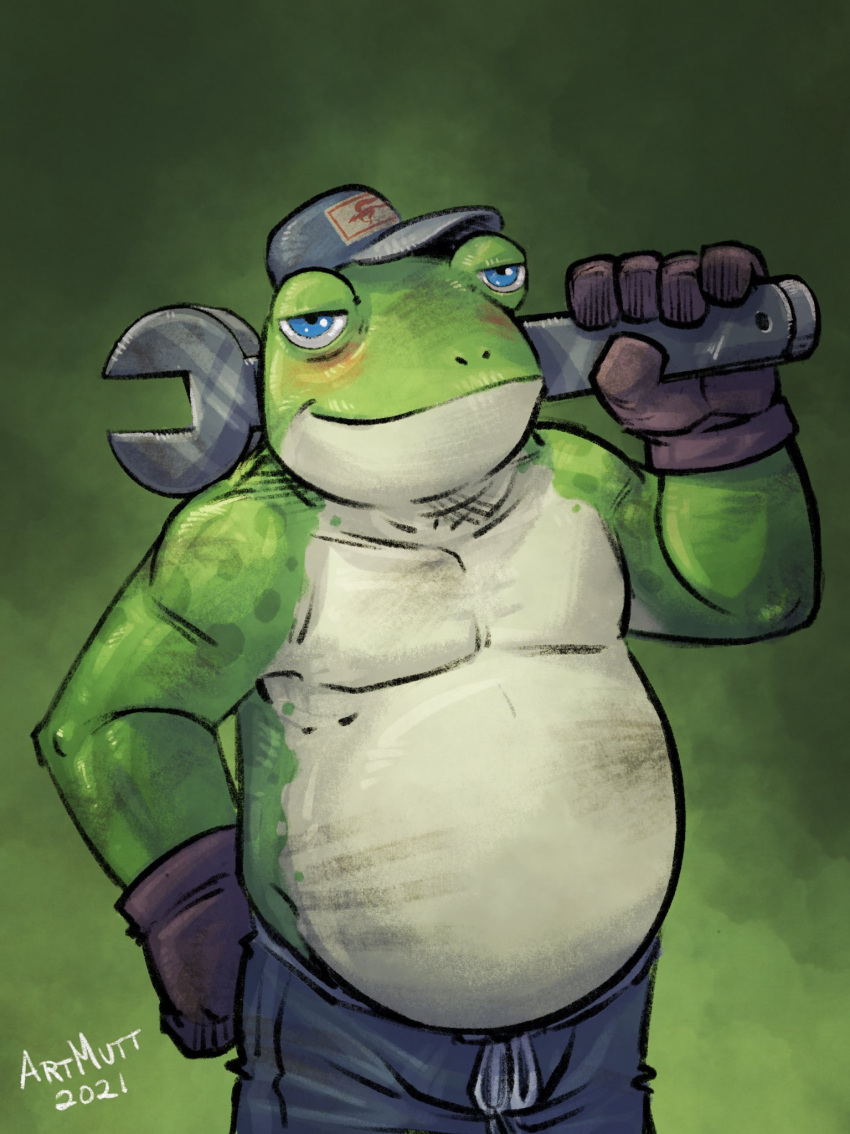 2021 amphibian anthro biped blue_clothing blue_eyes blue_underwear blush boxers_(clothing) brown_clothing brown_gloves brown_handwear clothed clothing frog gloves green_background green_body green_skin hand_on_hip handwear hat headgear headwear hi_res holding_object holding_tool holding_wrench k-9 male mechanic multicolored_body multicolored_skin nintendo oil overweight overweight_anthro overweight_male signature simple_background slippy_toad smile solo standing star_fox tools topless topless_anthro topless_male two_tone_body two_tone_skin underwear video_games white_body white_skin wrench