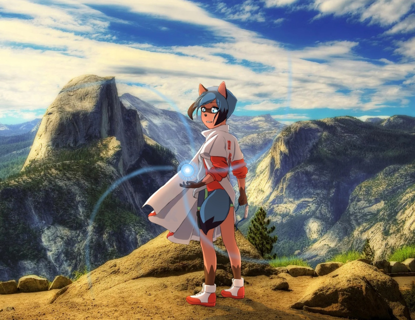 anthro bandanna blue_eyes blue_hair blue_tail bottomwear brand_new_animal brown_body brown_fur canid canine cape cliffs clothed clothing cloud cosplay crossover crossover_cosplay digital_drawing_(artwork) digital_media_(artwork) female footwear format_miller fur gloves_(marking) gorge grass hair japanese_text kerchief leg_markings looking_at_viewer mammal markings michiru_kagemori mountain multicolored_body multicolored_clothing multicolored_fur multicolored_hair multicolored_tail naruto naruto_shippuden photo_background plant raccoon_dog rassengan rock shaded shoes short_hair short_tail shorts smile sneakers socks_(marking) solo studio_trigger sunset tanuki technique text topwear tree tuft white_cloak widescreen