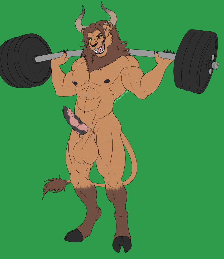 abs anthro athletic balls biceps big_balls body_hair bovid exercise felid feline flexing fur genitals grin gym hi_res horn huge_balls hybrid lion male mammal muscular nipples nude open_mouth pantherine pecs pose smile solo standing teeth weightlifting weights workout zwolf