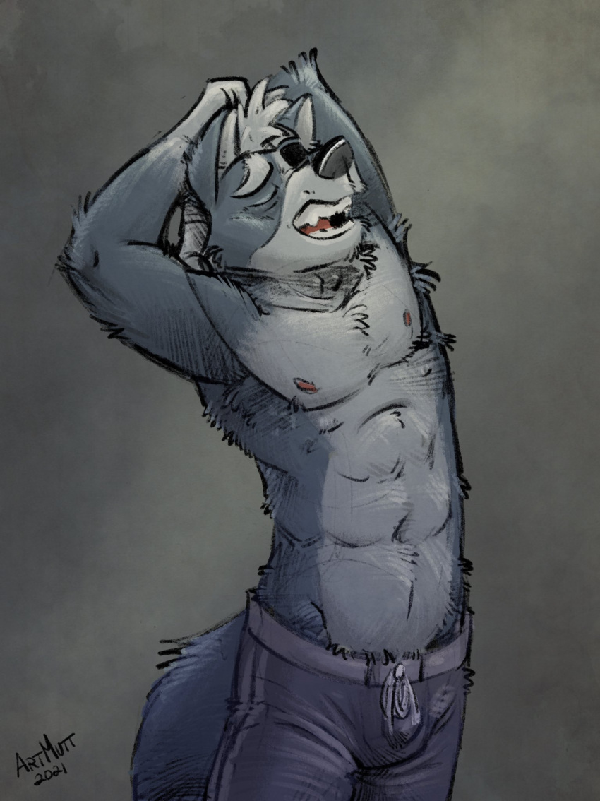 2021 abs anthro armpit_hair biped black_nose body_hair boxers_(clothing) bulge canid canine canis clothed clothing eye_patch eyebrows eyes_closed eyewear fangs fur gloves_(marking) grey_background grey_body grey_fur hands_behind_head head_tuft hi_res k-9 male mammal markings multicolored_body multicolored_fur muscular muscular_anthro muscular_male navel nintendo nipples open_mouth pecs pink_nipples purple_clothing purple_underwear sharp_teeth signature simple_background solo standing star_fox teeth topless topless_anthro topless_male tuft two_tone_body two_tone_fur underwear underwear_only video_games white_body white_fur wolf wolf_o'donnell yawn