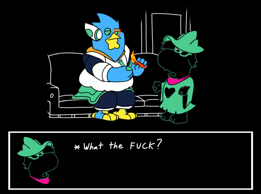 2021 anthro avian berdly bird blue_body blue_feathers bovid caprine clothed clothing cocaine crack_pipe deltarune dialogue digital_media_(artwork) drugs duo english_text eyewear family_guy feathers fire furniture goat henevada1 hi_res lighter male mammal meme profanity ralsei sofa tagme text undertale_(series) video_games