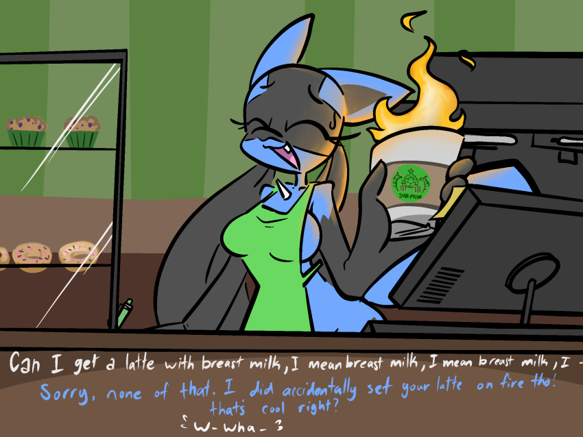 4:3 anthro apron apron_only auriia_(pencil-arts) black_body black_fur blue_body blue_fur bodily_fluids breasts clothing coffee_shop computer container cup dessert doughnut english_text eyelashes eyes_closed fan_character female fire food fur green_apron hi_res i_mean_breast_milk lucario meme mostly_nude muffin nintendo pen pencil-arts pok&eacute;mon pok&eacute;mon_(species) solo spike_(disambiguation) store sweat sweatdrop text video_games