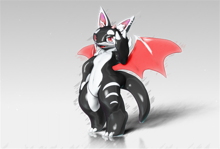 3d_(artwork) ambiguous_gender anthro anthromate black_body black_fur chiropteran claws digital_media_(artwork) dragon fur gradient_background hybrid inner_ear_fluff male_(lore) mammal multicolored_body multicolored_fur neck_tuft open_mouth pawpads pink_pawpads pupils red_eyes sdx3 semi-anthro simple_background slit_pupils solo thick_thighs tint_(anthromate) tuft two_tone_body two_tone_fur white_body white_fur wings