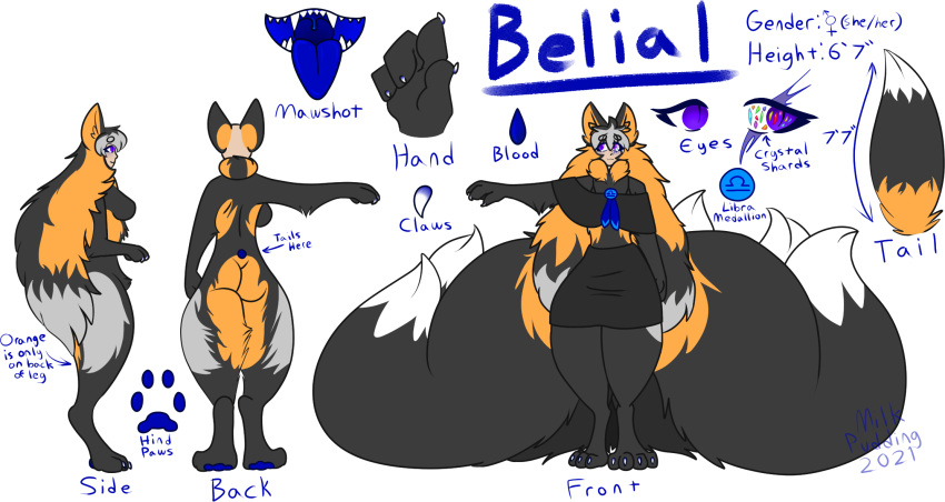 2021 4_fingers 4_toes 5_tails alpha_channel animal_humanoid anthro belial_(aureuix) big_ears black_body black_clothing black_fur black_hair blue_blood blue_blush blue_mouth blue_pawpads blue_scar blue_tongue blush bottomwear breasts canid canid_humanoid canine canine_humanoid claws clothing dipstick_tail english_text eye_injury eye_scar eyelashes facial_scar fangs feet female fingers fluffy fluffy_hair fluffy_tail fox fox_humanoid fur grey_body grey_fur grey_hair hair hi_res huge_tail humanoid lesser_iraian libra_(symbol) long_hair mammal mammal_humanoid markings medal milkpudding multi_tail neck_tuft open_mouth orange_body orange_fur orange_hair pawpads prick_ears pupils purple_eyes ribbons scar signature silver_hair simple_background skirt slit_pupils smile solo tail_markings teeth text toes tongue tongue_out transparent_background tuft