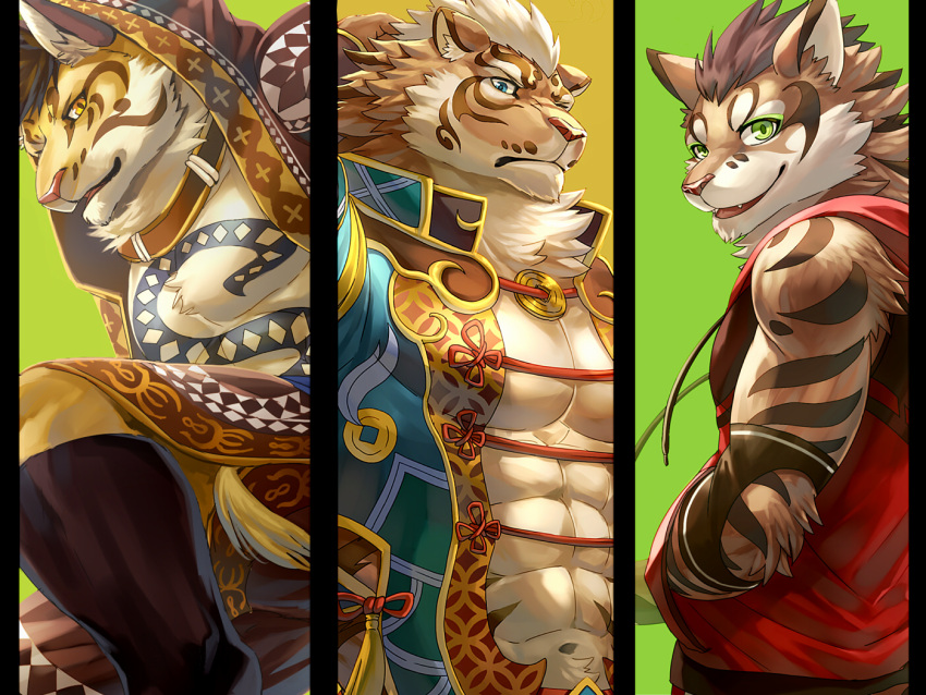 2019 4:3 anthro black_bars clothing clouded_leopard deity drawstring felid feline group hand_in_pocket hoodie leopard_cat likulau lin_hu male mammal muscular muscular_anthro muscular_male nekojishi open_mouth pantherine pockets prionailurus shu-chi sky_gomi smile studio_klondike tattoo tiger topwear trio video_games visual_novel