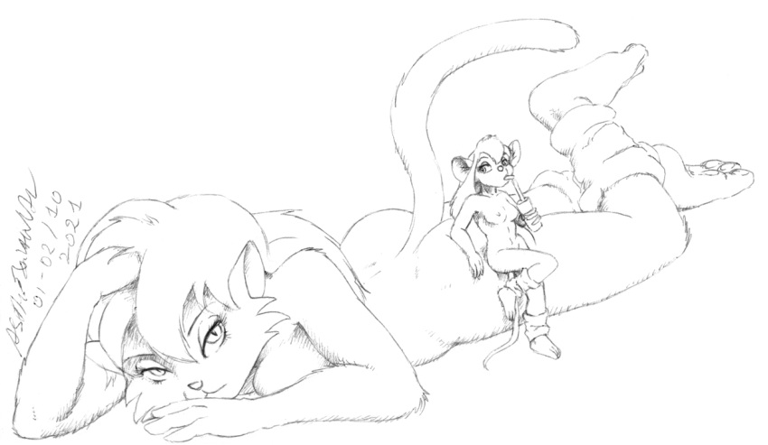 2021 anthro asthexiancal bedroom_eyes beverage breasts chip_'n_dale_rescue_rangers cleo_catillac disney domestic_cat duo felid feline felis female fur gadget_hackwrench greyscale hair heathcliff_and_the_catillac_cats leg_warmers_only mammal monochrome mouse murid murine narrowed_eyes nipples nude rodent seductive size_difference