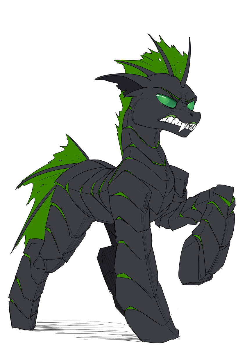 absurd_res arthropod changeling clenched_teeth color_edit colored edit exoskeleton fangs feral flat_colors friendship_is_magic green_eyes hasbro hi_res hooves male my_little_pony pose quadruped raised_hoof sharp_teeth simple_background sketch solo teeth underpable villainshima villainshima_(artist) white_background