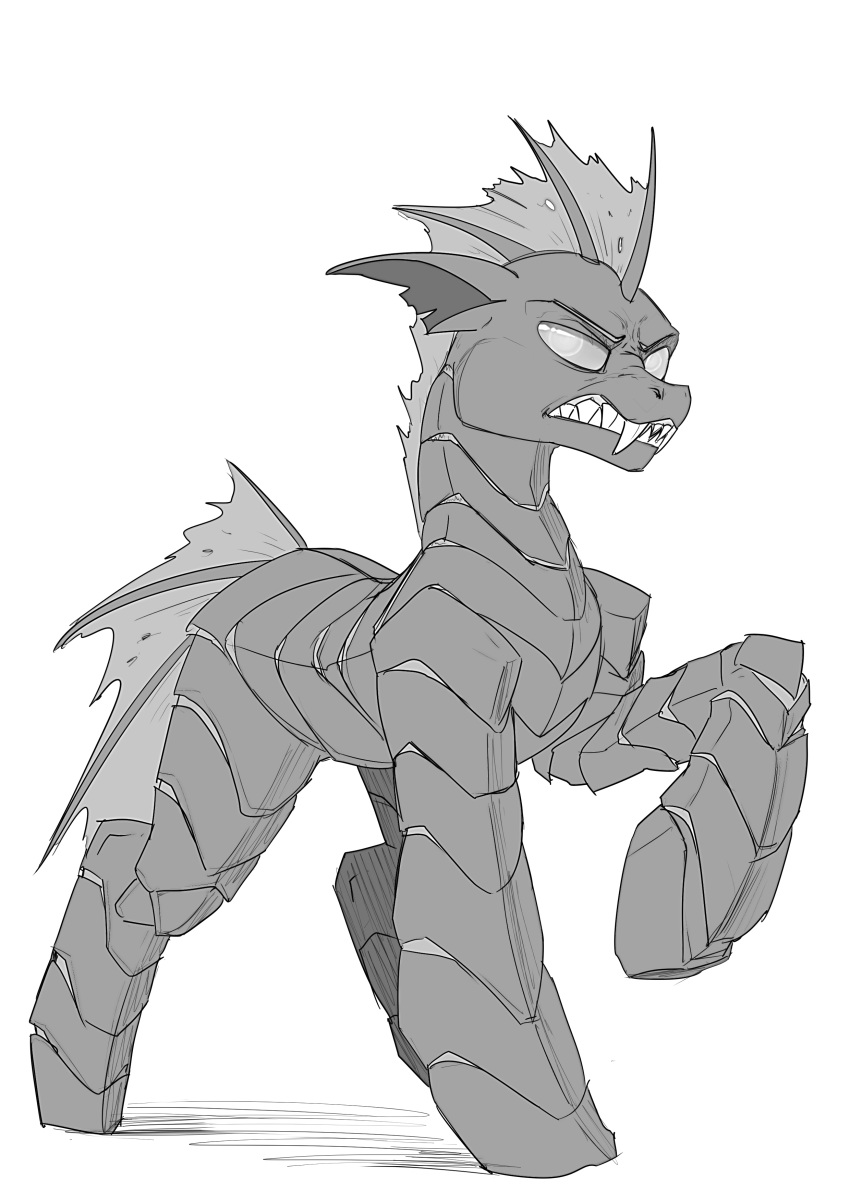 absurd_res arthropod changeling clenched_teeth exoskeleton fangs feral friendship_is_magic greyscale hasbro hi_res hooves male monochrome my_little_pony pose quadruped raised_hoof sharp_teeth simple_background sketch solo teeth underpable villainshima villainshima_(artist) white_background