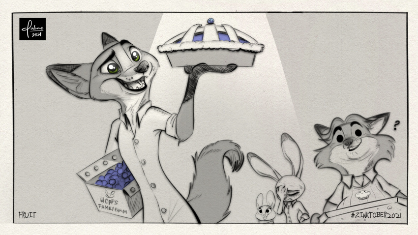 16:9 2021 anthro blueberry_(fruit) canid canine clothed clothing dipstick_ears disney english_text facepalm female food fox fruit gideon_grey gloves_(marking) group hi_res holding_food holding_object inktober inktober_2021 judy_hopps lagomorph leporid male mammal markings multicolored_ears nick_wilde open_mouth open_smile plant qalcove rabbit red_fox shirt smile text topwear widescreen zootopia