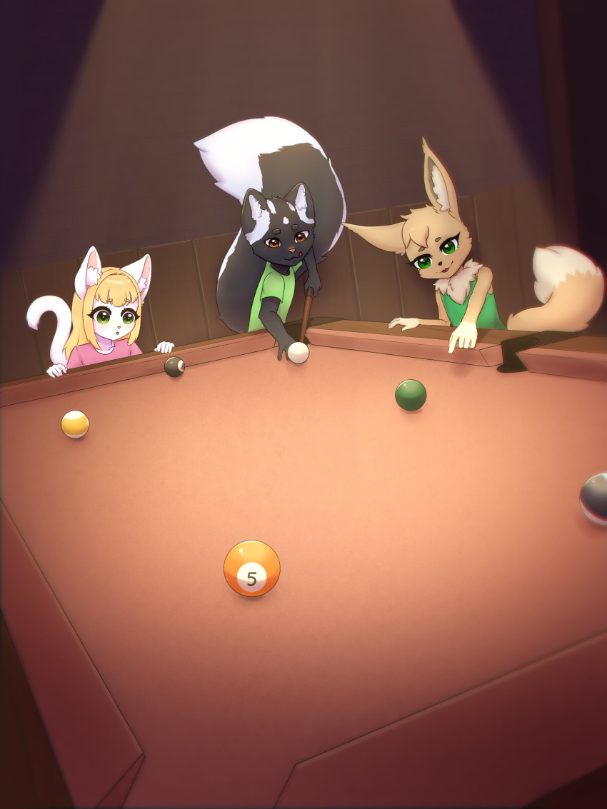 3:4 5_fingers 8_ball absurd_res ann_(psi) anthro big_tail billiard_ball billiard_balls billiard_table black_body black_fur blonde_hair brown_eyes clothing cue_ball cue_stick dipstick_tail domestic_cat eevee felid feline felis female fingers fluffy fluffy_tail fur gesture gloves_(marking) green_eyes group hair hi_res inner_ear_fluff lemmy_(lemmy_niscuit) light male mammal markings mephitid multicolored_body multicolored_fur multicolored_tail nintendo nuck_tuft pointing pok&eacute;mon pok&eacute;mon_(species) psi_(artist) shirt skunk spotted_skunk tahla tail_markings tan_body tan_fur topwear tuft two_tone_body two_tone_fur video_games white_body white_fur