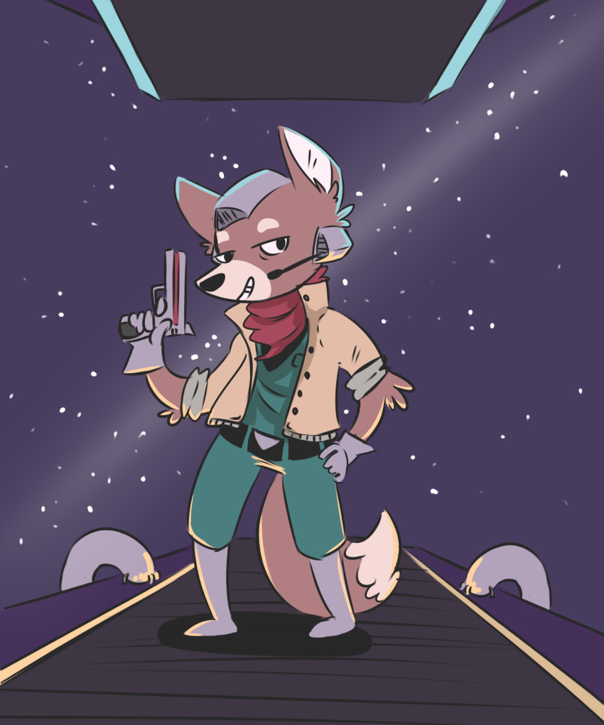 2018 5:6 anthro canid canine clothed clothing conditional_dnp digital_media_(artwork) elijah-draws fox fox_mccloud fully_clothed grin gun hi_res holding_gun holding_object holding_weapon male mammal nintendo ranged_weapon smile solo star_fox video_games weapon