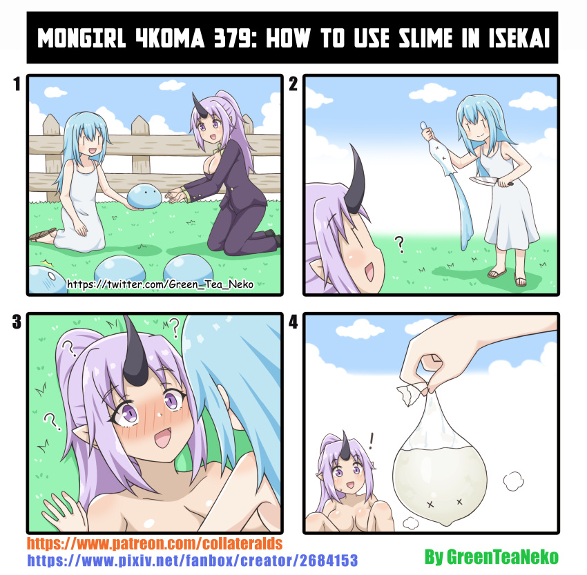 ! 4koma ? absurd_res after_sex animal_abuse asian_mythology big_breasts blue_hair blush bodily_fluids breasts cleavage clothed clothing comic condom cum day deflation demon dress east_asian_mythology english_text female fence filled_condom from_front_position genital_fluids grass greenteaneko gynomorph gynomorph/female hair hi_res horn huge_breasts human humanoid humanoid_pointy_ears humor intersex intersex/female intersex_penetrating japanese_mythology kneeling knife living_condom lying mammal missionary_position mythology not_furry nude ogre on_back oni open_mouth outside outside_sex penetration plant purple_eyes purple_hair rimuru_tempest sandels sex sexual_barrier_device shion_(that_time_i_got_reincarnated_as_a_slime) slime snuff suit sweat text that_time_i_got_reincarnated_as_a_slime toony url water x_x yōkai