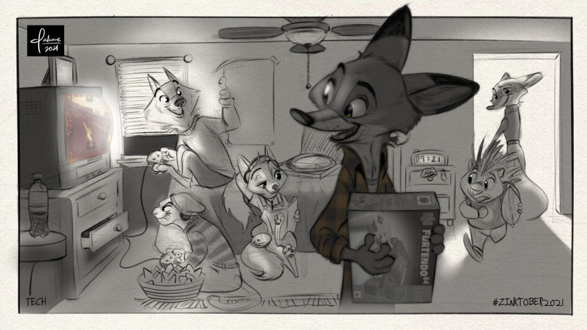 16:9 2021 anthro canid canine canis clothed clothing detailed_background fox fully_clothed fur gaming group hi_res holding_object inktober inktober_2021 inside mammal open_mouth open_smile playing_videogame porcupine qalcove red_fox rodent sitting smile spot_color widescreen wolf