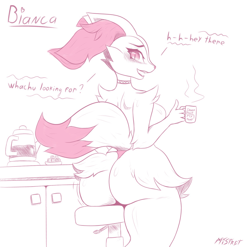 1:1 absurd_res anthro blush braixen butt canid canine english_text female fur hair hi_res mammal mistrct monochrome nintendo open_mouth pink_and_white pok&eacute;mon pok&eacute;mon_(species) red_body red_fur shaded simple_background simple_shading sketch smile solo text thick_thighs video_games wide_hips yellow_body yellow_fur