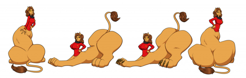 alien anthro badge big_butt breasts brown_hair butt caitian cat_taur claws claws_out clothed clothing communicator digital_media_(artwork) domestic_cat felid felid_taur feline feline_taur felis female fur growth hair looking_at_butt looking_at_self looking_back m'ress mammal mammal_taur quadruped riddleaugust simple_background smile solo star_trek star_trek_the_animated_series stretching tail_tuft tan_body tan_fur taur topwear tuft uniform white_background