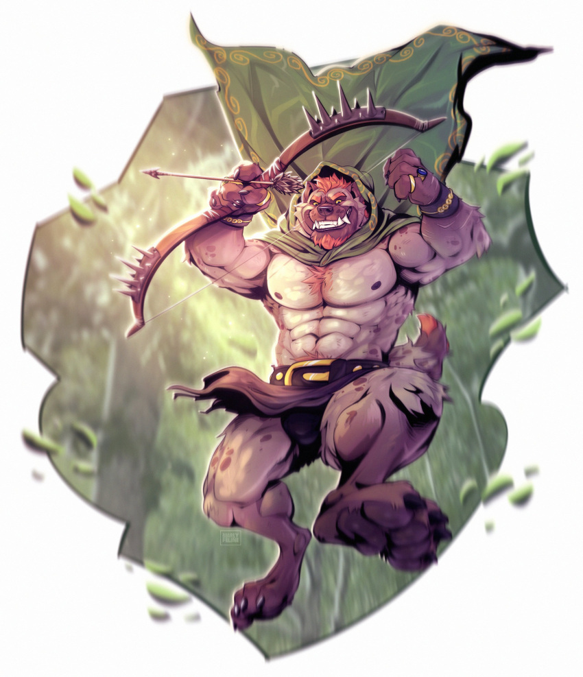 abs absurd_res anthro arrow bearlyfeline biceps bottomwear bow_(weapon) clothing detailed_background facial_hair fur hair hi_res holding_object holding_weapon hyaenid jewelry loincloth male mammal muscular muscular_anthro muscular_male nipples outside pecs plant ranged_weapon simple_background solo weapon